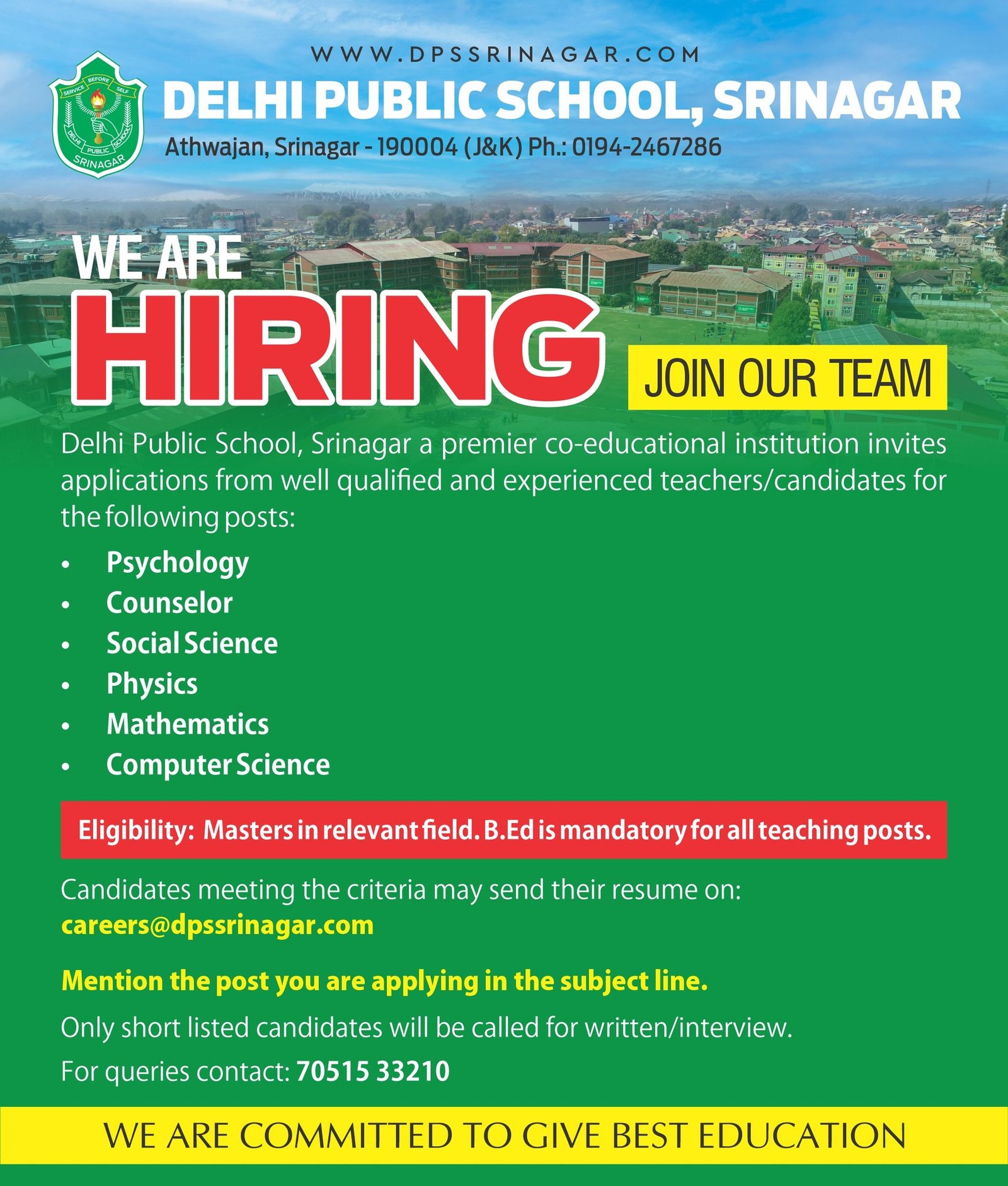 Delhi Public School Srinagar Recruitment 2026 for Teaching and Counselor Posts
