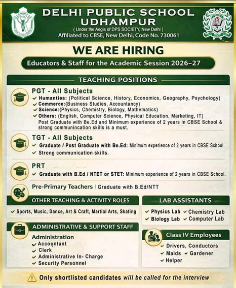 Delhi Public School Udhampur Recruitment 2026 for Teaching, Administrative and Support Staff Posts