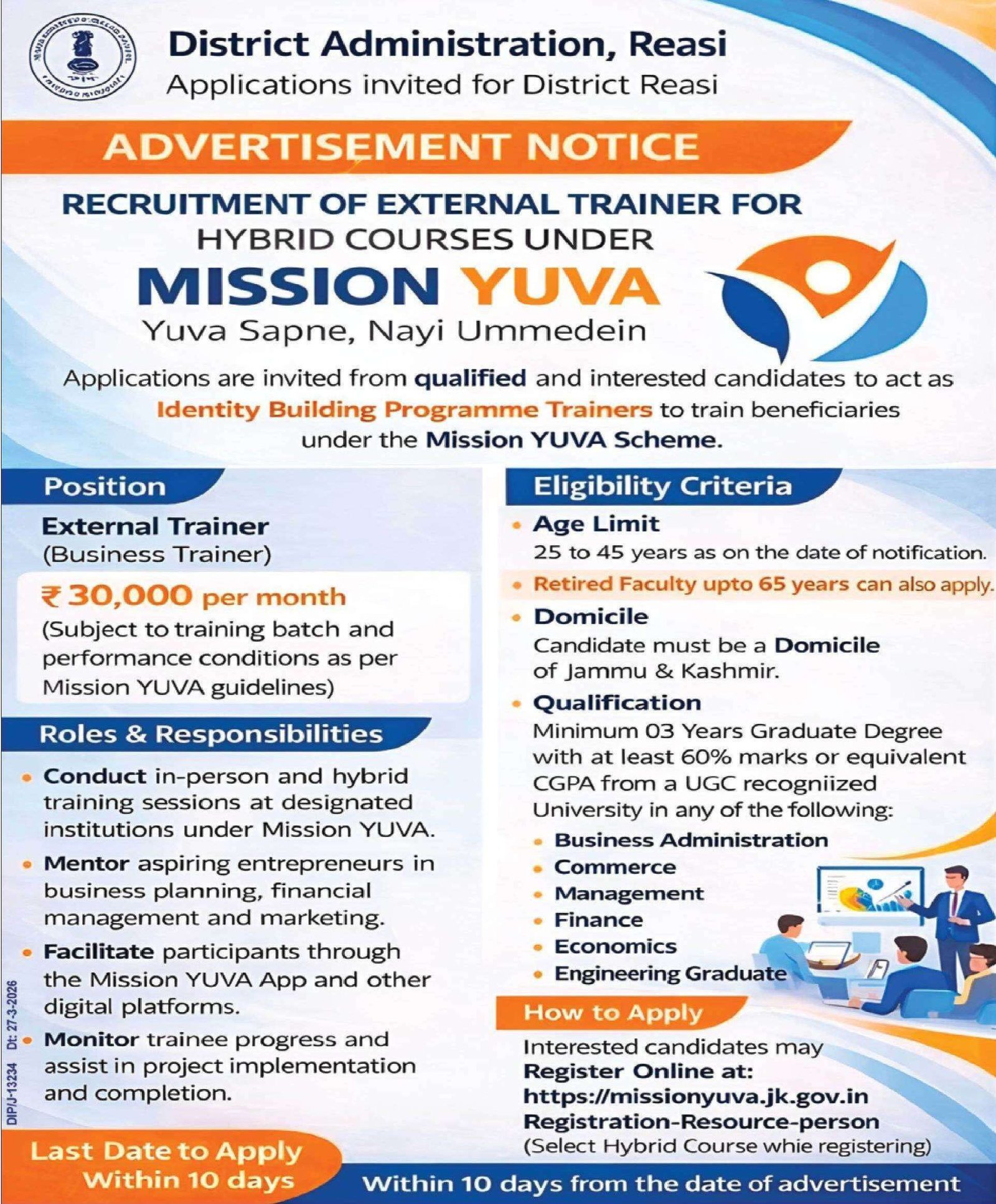 Mission YUVA Reasi Recruitment 2026 for External Trainer Posts, Salary ₹30,000