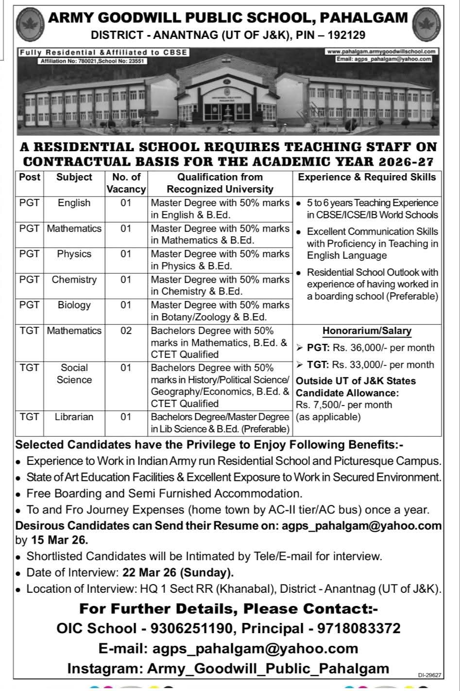Army Goodwill Public School Pahalgam Recruitment 2026-27 for Teaching Posts Army Goodwill Public School Pahalgam Recruitment 2026-27 for Teaching Posts