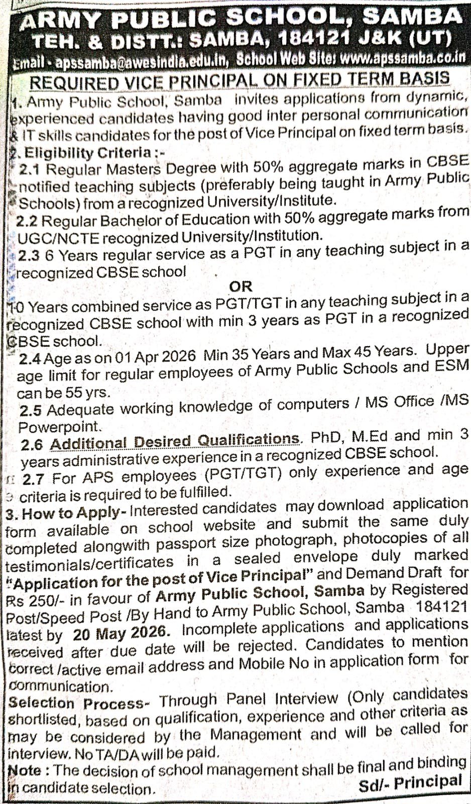 APS Samba Vice Principal Recruitment 2026 – Apply Before 20 May
