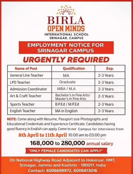 Birla Open Minds School Srinagar Recruitment 2026 for Teaching and Coordinator Posts, Interview from 8 to 11 April Birla Open Minds School Srinagar Recruitment 2026 for Teaching and Coordinator Posts, Interview from 8 to 11 April