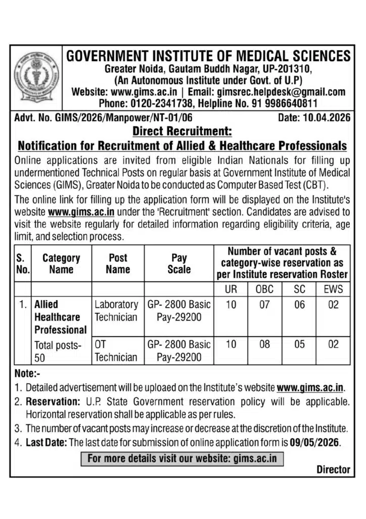 GIMS Lab Technician and OT Technician Recruitment 2026, Apply Online for 50 Technical Posts GIMS Lab Technician and OT Technician Recruitment 2026, Apply Online for 50 Technical Posts