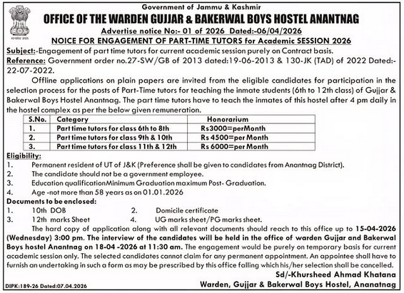 Gujjar Bakerwal Hostel Anantnag Recruitment 2026 for Part-Time Tutor Posts Gujjar Bakerwal Hostel Anantnag Recruitment 2026 for Part-Time Tutor Posts