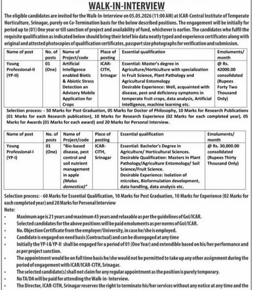 ICAR CITH Srinagar YP NOTIFICATION 2026 1