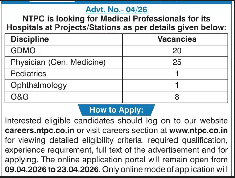 NTPC Medical Professional Recruitment 2026 Notification Released for 55 Vacancies NTPC Medical Professional Recruitment 2026 Notification Released for 55 Vacancies