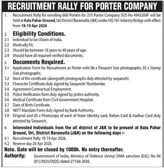 Porter Company Recruitment Rally 2026 for 600 Porters at Uri Baramulla from 18 to 19 April