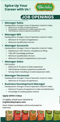 Hidden Valley Recruitment 2026 for Manager Sales, Accounts, Personnel and Business Development Posts Hidden Valley Manager posts vacancies