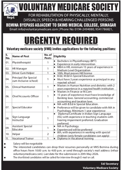 Voluntary Medicare Society Srinagar Recruitment 2026 Notification Out for Multiple Posts